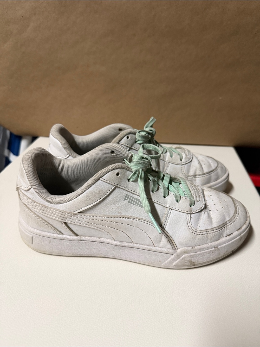 Puma Kids White Sneakers with Mint Green Laces